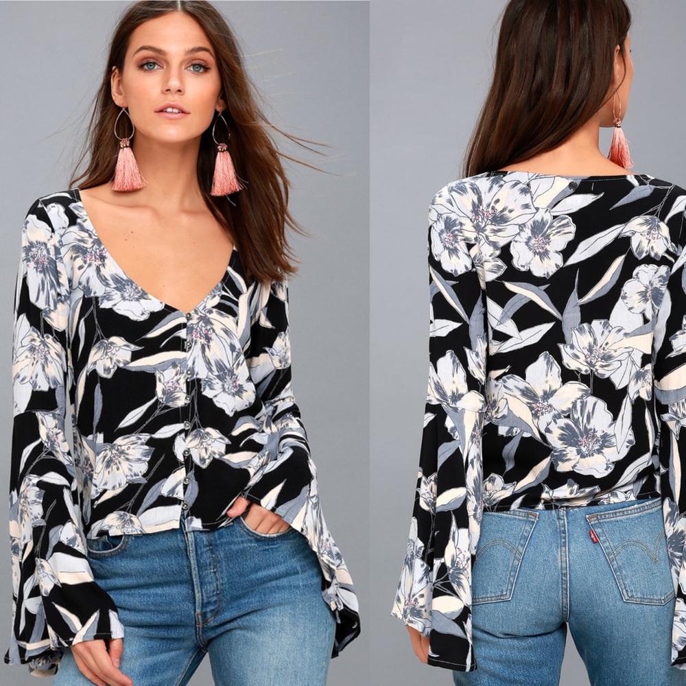 Billabong Pretty Daylight Bell Sleeve Top M navy - Picture 1 of 11